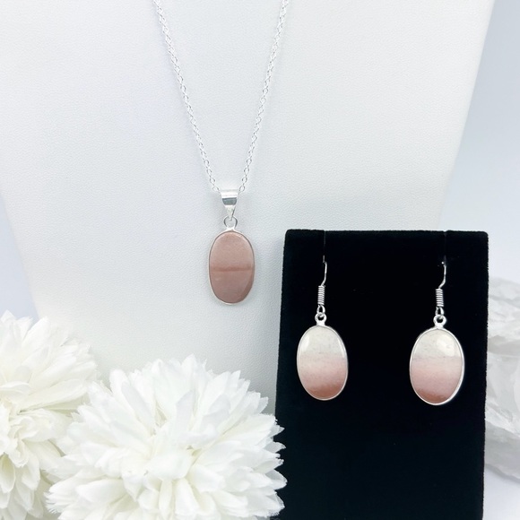 Jewelry - Pink Opal Pendant Necklace and Earrings Set Sterling Silver 925